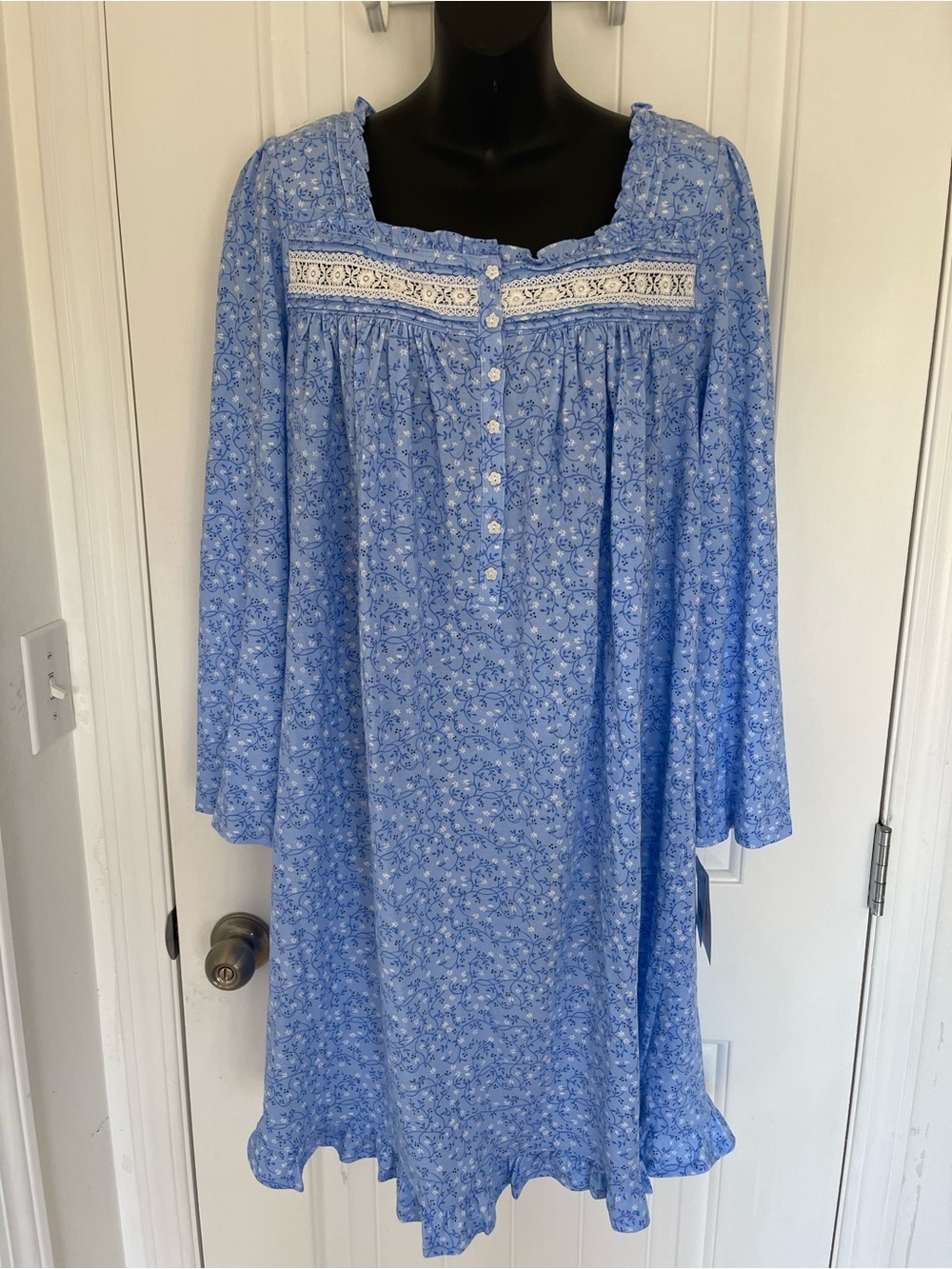 Eileen West Blue Floral Lace-Trim Nightgown